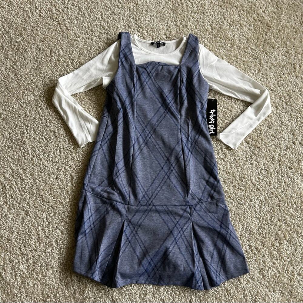 NWT Trixxi Girl Plaid Print Micro Ribbed Long Sleeve Shirt w/ Jumper Dress XL